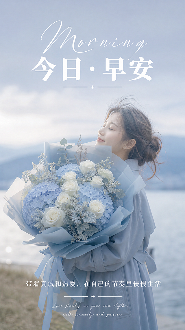 竖版朋友圈早安海报，温柔治愈氛围感，暖粉色温柔胶片质感
主体实拍：女生穿着浅粉色大衣，手捧着一大束粉玫瑰混搭花束，蜜桃粉、裸粉渐变玫瑰，搭配细碎配草，粉雾感包装纸，白色丝带，户外阴天柔和自然光，温柔朦胧氛围感
文字排版：
画面上方通透白色纤细艺术字「Morning」+ 大气白色粗体「今日·早安」
画面下方居中白色温柔短句：
我们都是自己人生的主角
自带温柔与光芒
把普通清晨，过成专属浪漫
底部点缀细小英文花体手写文案
整体风格：低饱和柔粉色调、ins温柔氛围感、干净通透、高级治愈、朦胧柔光、温柔治愈早安配图，无杂乱元素
根据提示词给我生成6张不同内容不同主题颜色的图片每个比例9：16