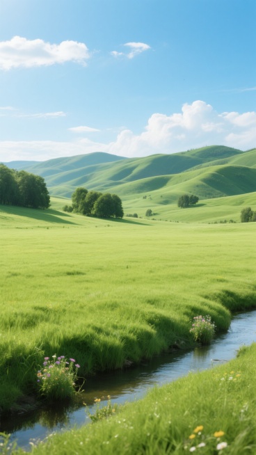 一片辽阔无垠的青翠草地占据画面主体，草叶纹理清晰可见，充满生机。远处是层层叠叠、起伏有致的绿色丘陵，丘陵上点缀着几簇茂密的树林。天空湛蓝，飘着几朵洁白的云彩，阳光明媚，光线柔和地洒在草地上，形成明亮的高光和自然的阴影过渡，营造出宁静、开阔、清新的氛围。草地边缘有一条蜿蜒的小溪，溪水清澈见底，溪边生长着几丛野花，为这片绿色增添了几分色彩点缀。预览效果