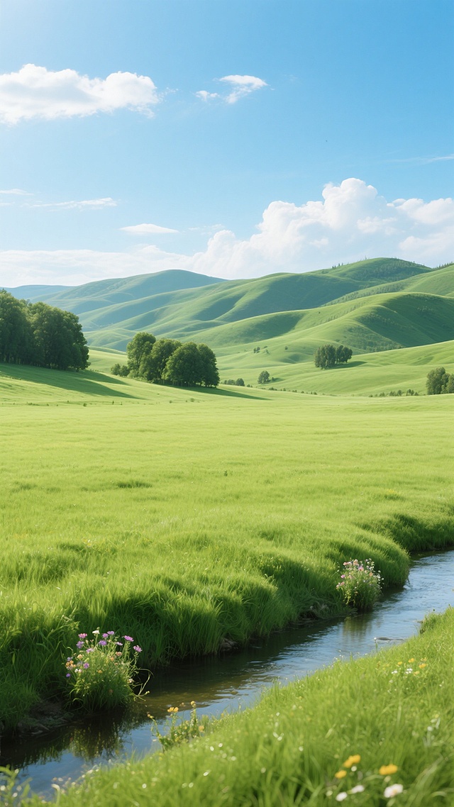 一片辽阔无垠的青翠草地占据画面主体，草叶纹理清晰可见，充满生机。远处是层层叠叠、起伏有致的绿色丘陵，丘陵上点缀着几簇茂密的树林。天空湛蓝，飘着几朵洁白的云彩，阳光明媚，光线柔和地洒在草地上，形成明亮的高光和自然的阴影过渡，营造出宁静、开阔、清新的氛围。草地边缘有一条蜿蜒的小溪，溪水清澈见底，溪边生长着几丛野花，为这片绿色增添了几分色彩点缀。