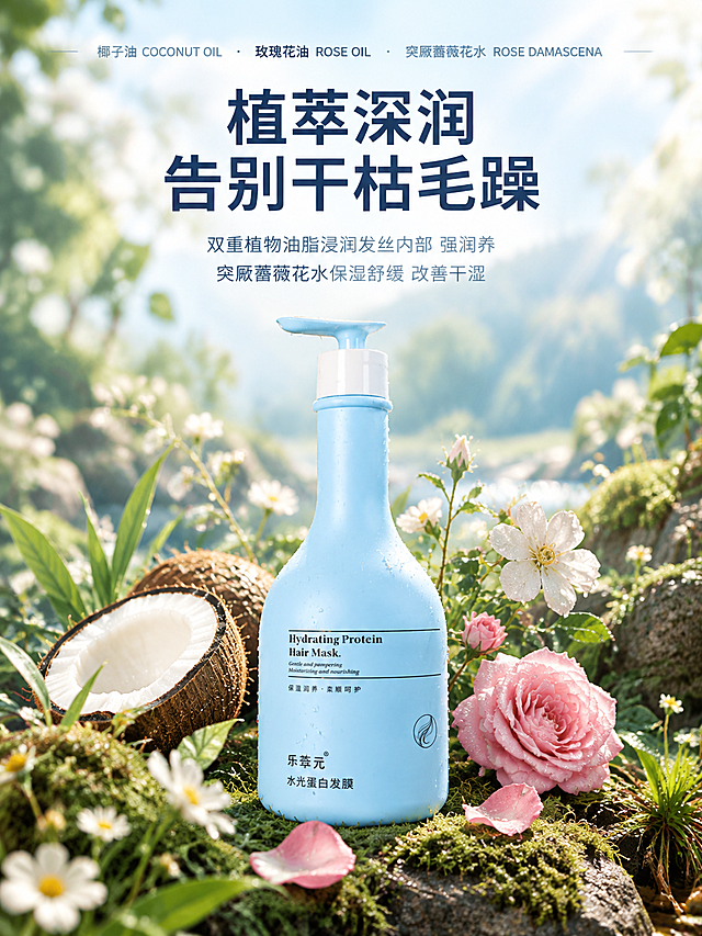 [主图-2] 生成淘宝/天猫3:4竖版成分场景主图，主题为植萃修护成分解析：椰子油、玫瑰花油与突厥蔷薇花水。仅参考第2张参考图的自然森林构图与氛围，主体必须替换为输入图1中的浅蓝色水光蛋白发膜瓶。
[统一基调] 奶油白到浅蓝的柔和渐变主背景，主标题深海军蓝粗黑体，辅助文字灰蓝色细黑体，强调色玫瑰粉花瓣与淡金标签，植萃绿只作环境色点缀，同一套图只使用这一种字体系统。
[画面] 发膜瓶完整置于画面中下部，瓶底真实立在布满青苔的原木与岩石上，周围生长细长的绿草、白色和黄色小野花，叶片与瓶身挂有透亮露珠，背景是柔和虚化的森林与清晨自然光，形成自然植萃氛围；保持瓶身浅蓝色、泵头、标签文字与输入图完全一致，瓶底接触点真实不悬浮。
[光影质感] 商业广告摄影质感，清晨自然光加柔和补光，丁达尔光线穿过树影，瓶身高光与青苔暗部层次分明，露珠晶莹。
[配色] 浅蓝瓶身搭配奶油白与森林绿环境，深海军蓝标题，玫瑰粉与淡金点缀标签，整体清新高级。
[文字版式] 顶部小标签行"椰子油 COCONUT OIL · 玫瑰花油 ROSE OIL · 突厥蔷薇花水 ROSE DAMASCENA"；中下部大标题"植萃深润 告别干枯毛躁"，深海军蓝粗黑体；标题下方两行小字"双重植物油脂浸润发丝内部 强润养"、"突厥蔷薇花水保湿舒缓 改善干涩"；画面中文清晰横排，不加平台Logo、水印、不使用"最/第一/100%"等绝对化用语。
[输出要求] 3:4竖版比例，产品清晰无变形、文字清晰可读；禁止把参考图中的墨绿色香水瓶带入画面，禁止错字、模糊、畸形肢体、水印、平台Logo。