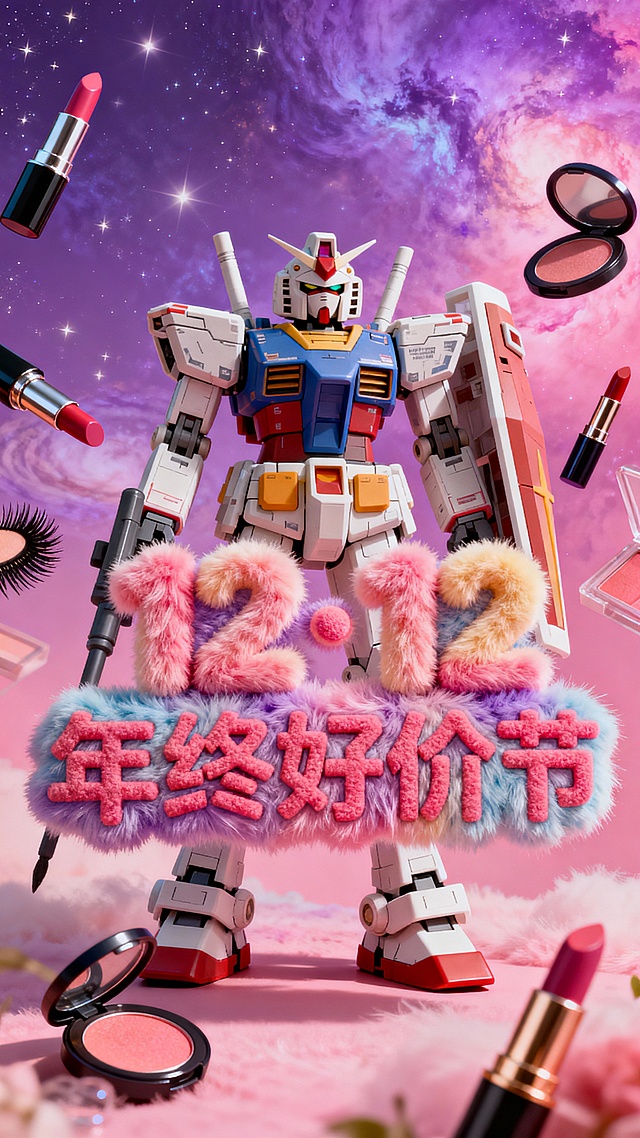 主视觉为一个高达，展示毛绒文字文字 “12·12 年终好价节”。背景为高饱和粉紫配色，微缩元素（口红、腮红、睫毛膏）装饰。
