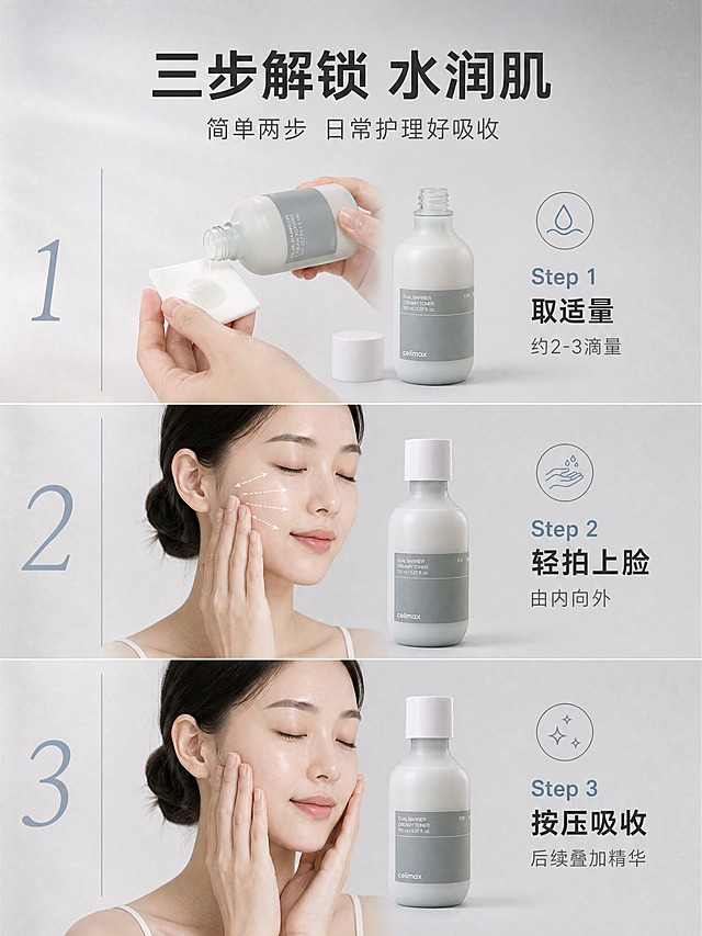 [商品] 使用【图1】Celimax 双重屏障柔肤水，150ml奶白色磨砂圆瓶，白色瓶盖，灰色标签；保留瓶身结构、颜色、材质、Logo和标签文字；每步小图中产品外观保持一致。
[画面] 页面目标：3步使用步骤演示，教用户正确使用方式。构图：上下分3步横向排列，每步占约30%高度，中间用细线分隔；第1步：取适量柔肤水于化妆棉或掌心，产品瓶身开盖放在旁边；第2步：轻轻拍打按压于面部，从内向外涂抹；第3步：轻拍至完全吸收，肌肤呈现水润状态；左侧有竖向步骤编号1/2/3；背景为统一浅雾灰色，每步有独立小场景光影；整体层次分明。
[视觉] 套系策略：风格=极简高级韩系护肤商业摄影；标题字=现代无衬线粗体中文；正文字=简洁无衬线体；主色=雾面灰白；背景延展=基于雾面灰白做深浅渐变、柔焦光斑和细腻磨砂质感；强调色=低饱和雾霾蓝，仅用于小面积图标、引线和标签；标题色=深炭灰；正文色=中暖灰；组件=圆角浅底信息卡、细线引线、圆形icon；光影=每步均为左前侧柔和漫射光，统一光感。
[文字] 顶部主标题「三步解锁 水润肌」，副标题「简单两步 日常护理好吸收」；每步右侧配短文案：Step 1 取适量 约2-3滴量、Step 2 轻拍上脸 由内向外、Step 3 按压吸收 后续叠加精华；文字均横向排版，字号保证手机端清晰可读。
[规格] 图片比例3:4竖版，4K分辨率，负向提示：避免步骤混乱、产品外观不一致、文字过小、瓶身变形、标签错乱、绝对化用语。