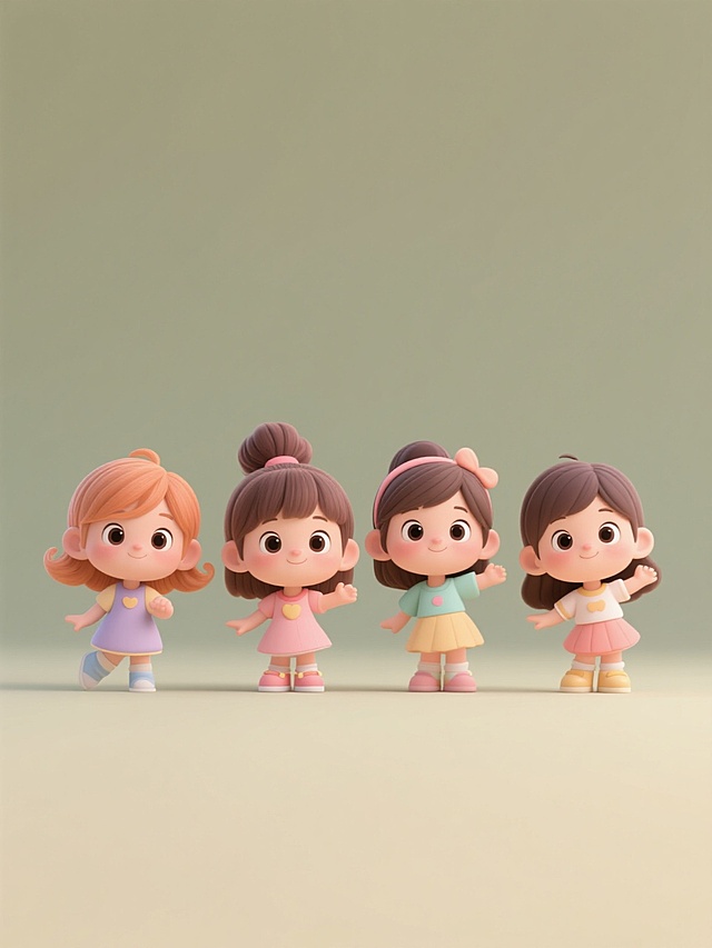 3D卡通风格，四个造型完全不同的可爱小女孩角色，每个女孩都有独特的发型、服饰和动作姿态，明亮柔和的色彩搭配，细腻光滑的3D渲染质感，统一的卡通化面部特征和圆润的身体比例，纯色背景，四个角色呈规整排布，保持整体视觉的协调性与系列感，可爱活泼的氛围，清晰的边缘和柔和的光影效果。
