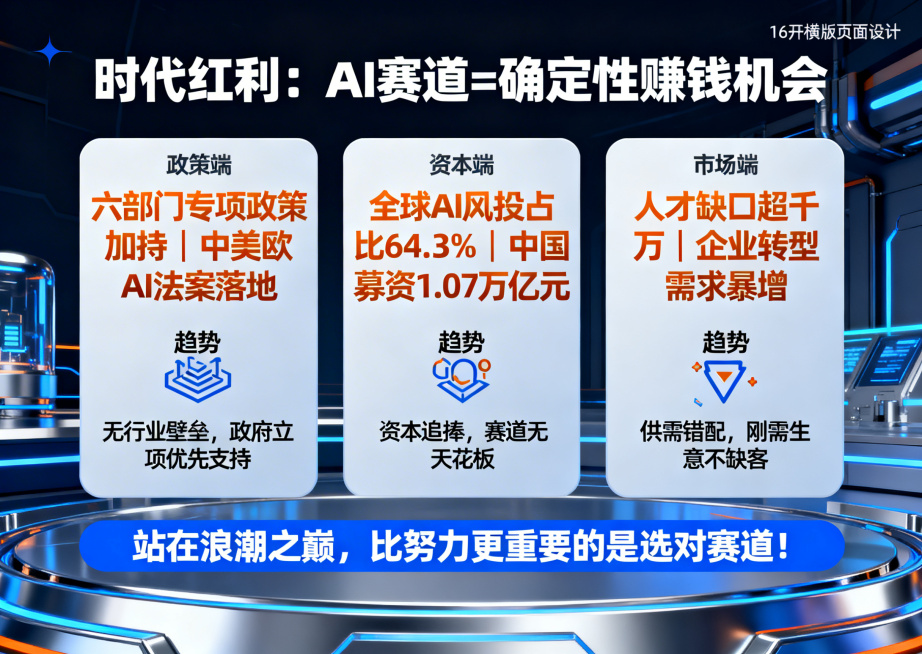 16开横版页面，标题为粗体的“时代红利：AI赛道=确定性赚钱机会”，采用三栏卡片式设计，每栏配有趋势图标和核心数据，政策端栏展示橙色粗体的“六部门专项政策加持｜中美欧AI法案落地”，标注“无行业壁垒，预览效果