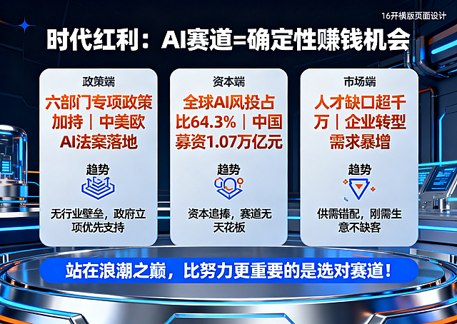 16开横版页面，标题为粗体的“时代红利：AI赛道=确定性赚钱机会”，采用三栏卡片式设计，每栏配有趋势图标和核心数据，政策端栏展示橙色粗体的“六部门专项政策加持｜中美欧AI法案落地”，标注“无行业壁垒，政府立项优先支持”；资本端栏展示橙色粗体的“全球AI风投占比64.3%｜中国募资1.07万亿元”，标注“资本追捧，赛道无天花板”；市场端栏展示橙色粗体的“人才缺口超千万｜企业转型需求暴增”，标注“供需错配，刚需生意不缺客”，底部是蓝色底白字的金句“站在浪潮之巅，比努力更重要的是选对赛道！”，整体采用科技蓝+金属银+活力橙配色