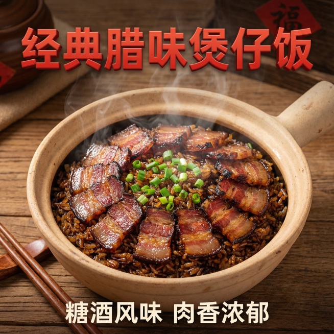 这张图片是产品主体这款产品是广式腊肉 我需要设计20张主图在拼多多上面售卖    主图场景布局可以用厨房 炒腊肉 腊肉细节等设计一个高级有食欲一些主图文案内容 正宗广式腊肉 厂家直销 新鲜现货 咸甜相预览效果