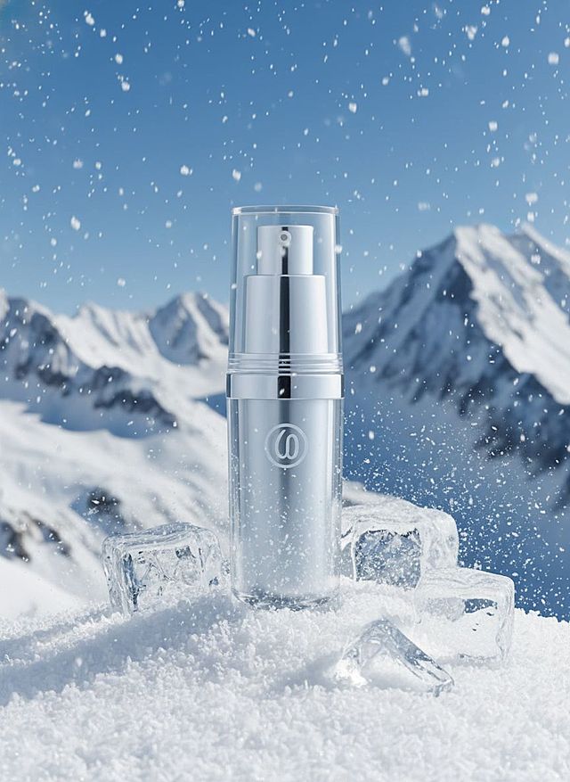 图中主体置于雪地上，周围有冰块和雪飞溅，背景是巍峨的雪山，天空湛蓝，还有雪花飘落。