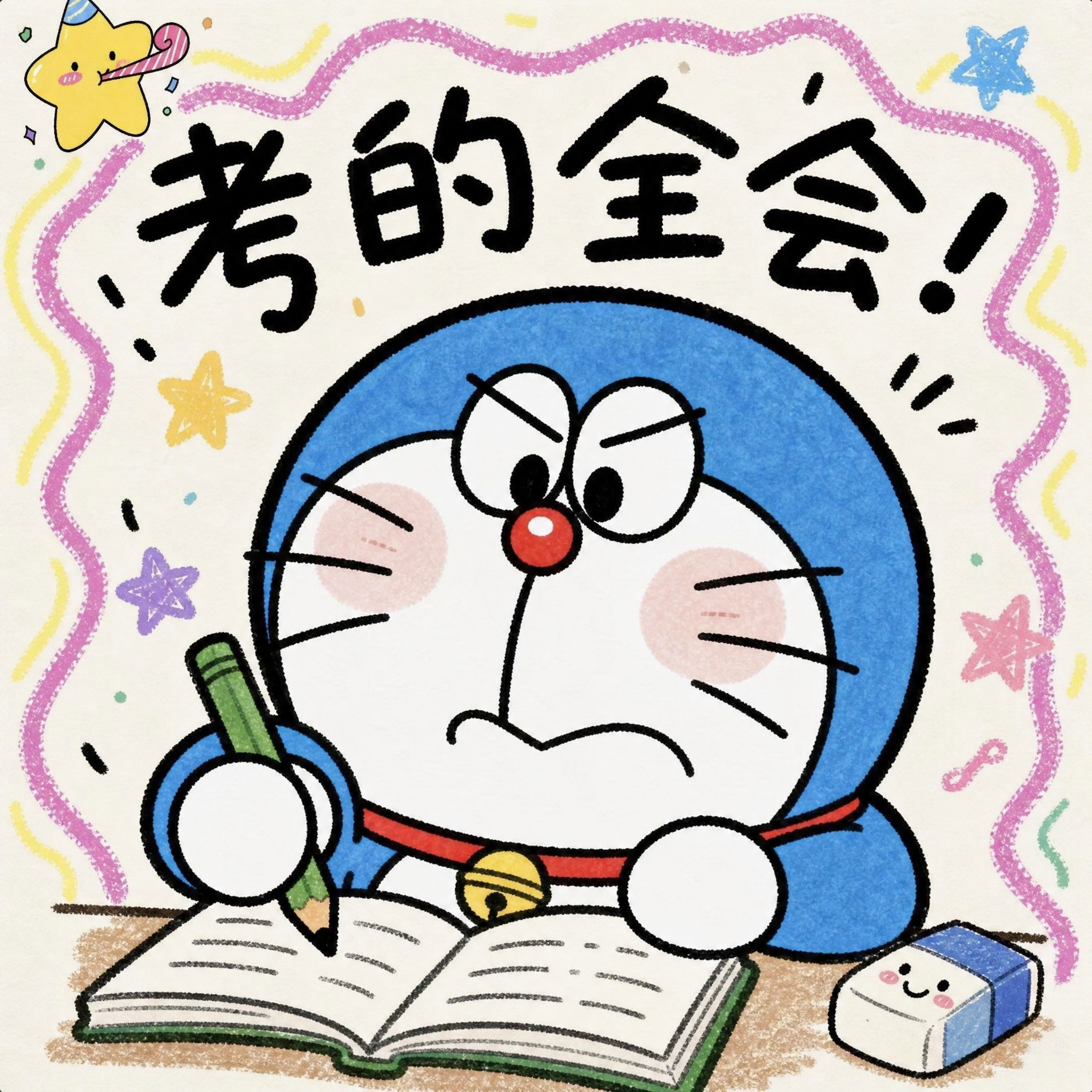 手绘蜡笔涂鸦风格，1:1正方形。哆啦A梦拿着笔认真答题的样子，… - 图片创意预览