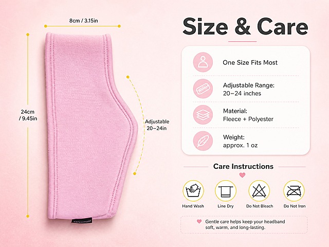[商品] 使用【图1】粉色女士保暖发带；商品处理：保留发带弧形轮廓、双层结构、包边缝线和粉色主色；形态自然平整，用于尺寸标注参考，不改变颜色和结构。
[画面] 目标：尺寸参数与洗护说明页，信息清晰易读。构图：左图右文，左侧40%展示发带正面平铺图，带有尺寸标注线（宽度、高度、可调节范围示意）；右侧60%为参数信息卡和洗护说明。主体占左侧约50%。景别：产品全景+信息排版。背景为淡粉色渐变，简洁干净。
[视觉] 套系策略：风格=跨境极简高级商业摄影；标题字=现代无衬线粗体；正文字=简洁无衬线体；主色=柔粉色；背景延展=基于柔粉色做深浅层级、同色渐变和细腻纸张质感；强调色=荧光黄，仅用于尺寸线和小图标；标题色=深炭灰；正文色=中暖灰；组件=圆角白色信息卡、细线尺寸标注、洗护图标；光影=正上方柔和漫射光，产品平整清晰。
[文字] 右侧上方主标题"Size & Care"；上方参数卡："One Size Fits Most"、"Adjustable Range: 20-24 inches"、"Material: Fleece + Polyester"、"Weight: approx. 1 oz"；下方洗护说明区，4个洗护图标+文字："Hand Wash"、"Line Dry"、"Do Not Bleach"、"Do Not Iron"。文字横向排版。
[规格] 图片比例4:3横版，4K，medium。避免变形、错字、文字过小、发带颜色改变、尺寸标注混乱、纯白背景、文字竖排。