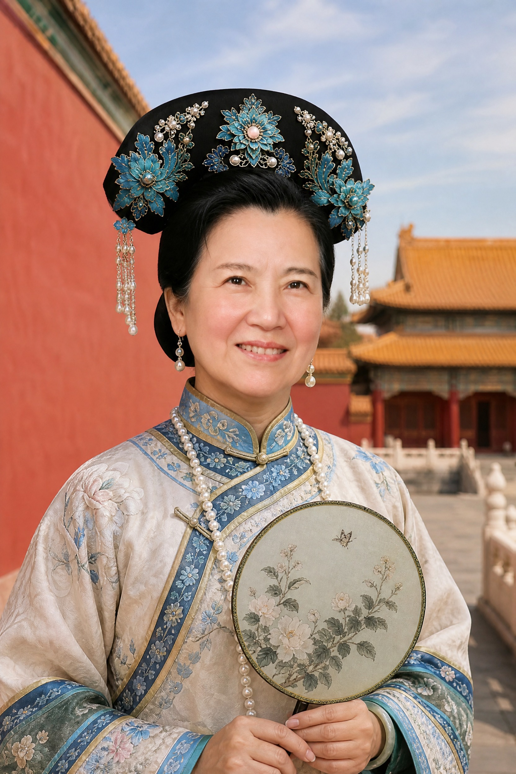 满族民族写真，保留参考图的人脸特征，40多岁东方女性，上半身占… - 图片创意预览