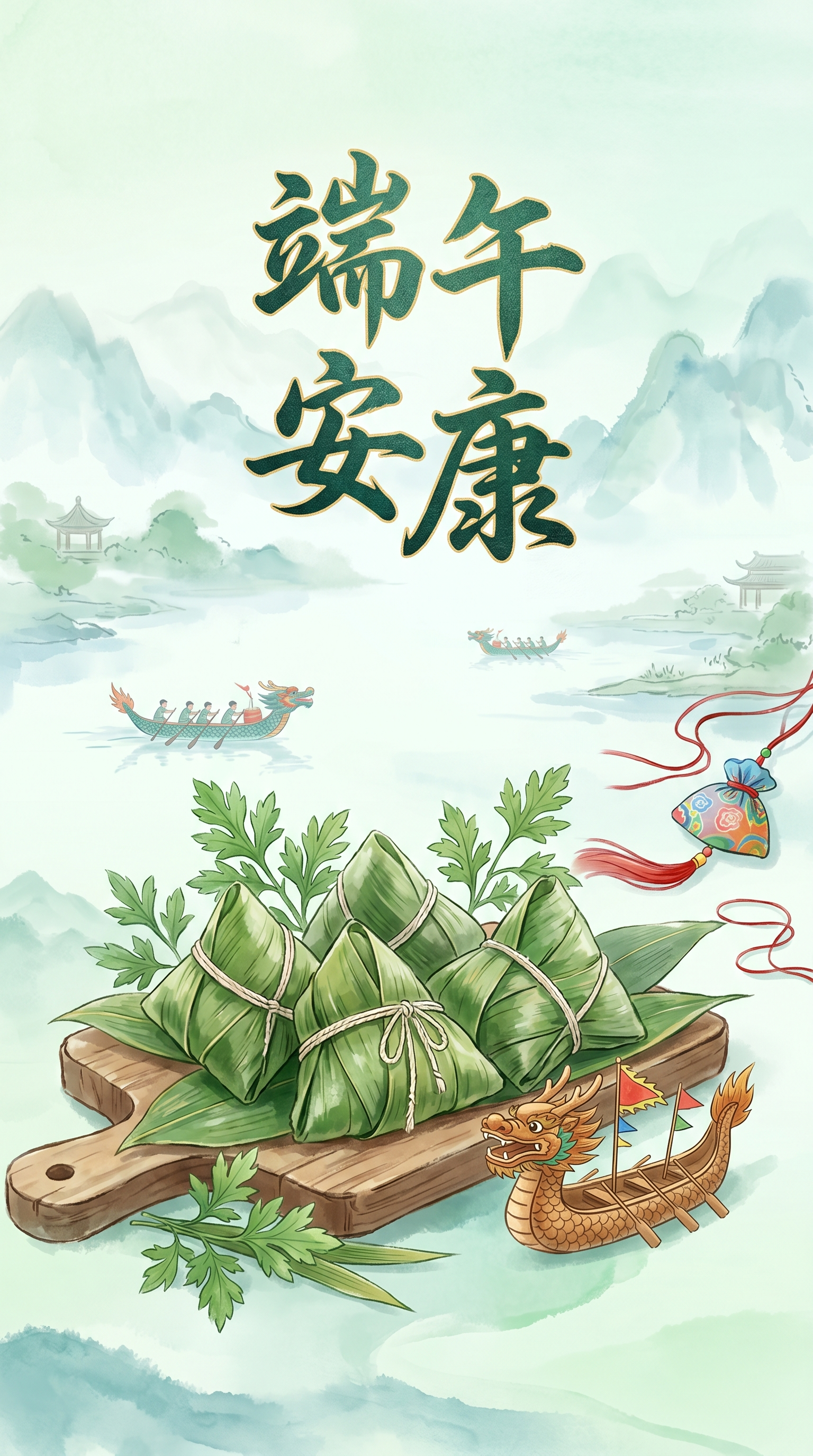 端午祝福主题图片，画面有粽叶包裹的粽子，点缀艾草和龙舟元素，背… - 图片创意预览