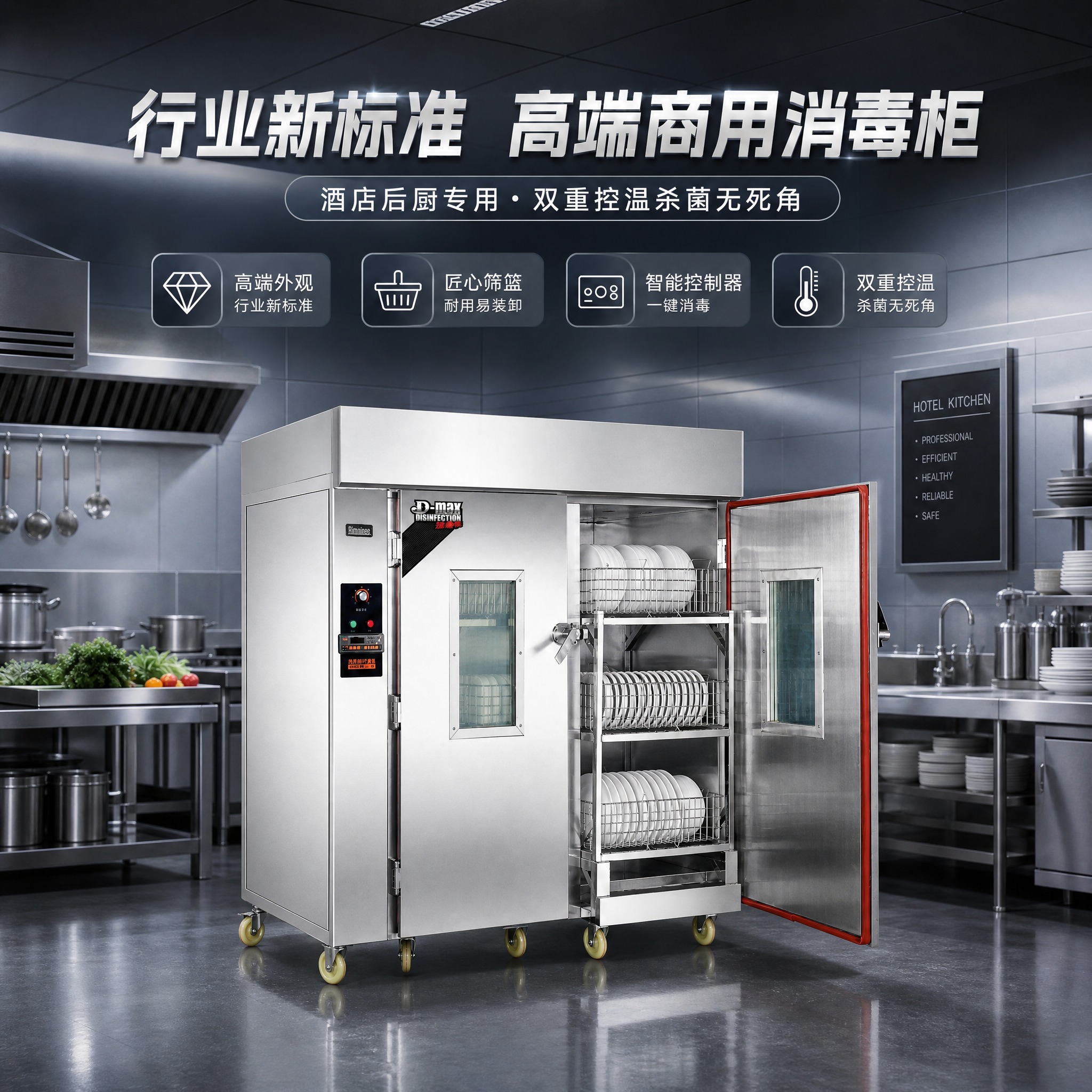 商用高温消毒柜产品海报，模拟高端酒店后厨环境。产品主体缩小，商… - 图片创意预览