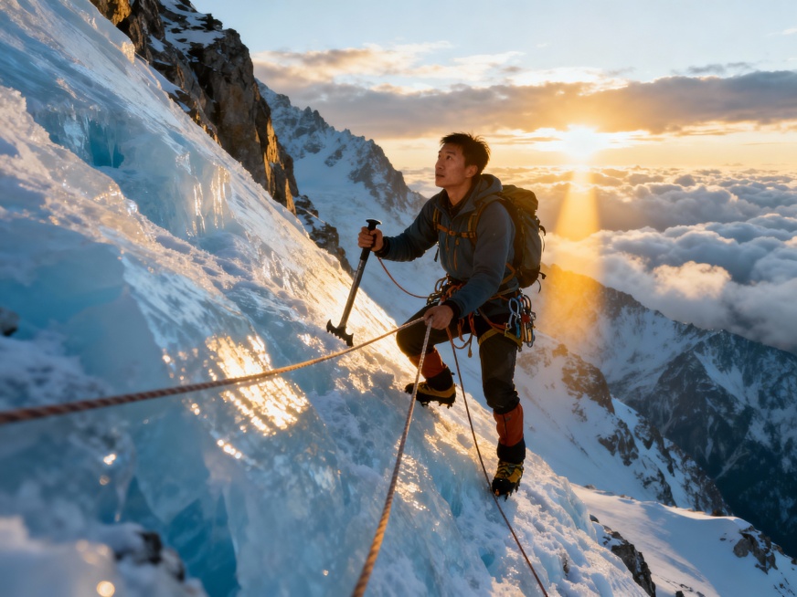 一位中国男性登山者，身着专业登山装备，在陡峭的冰壁上艰难攀登，冰镐深深嵌入冰面，绳索紧绷，眼神坚定望向顶峰，背景是苍茫雪山与云海，阳光从云层间隙洒落形成光柱，画面传递出挑战极限、永不言弃的精神隐喻预览效果