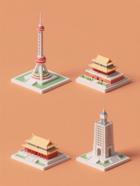 四个规整排布的3D质感素材，每个素材展示不同造型样式的国家地标建筑，纯色背景，无文字、logo和水印，简洁现代设计感预览效果
