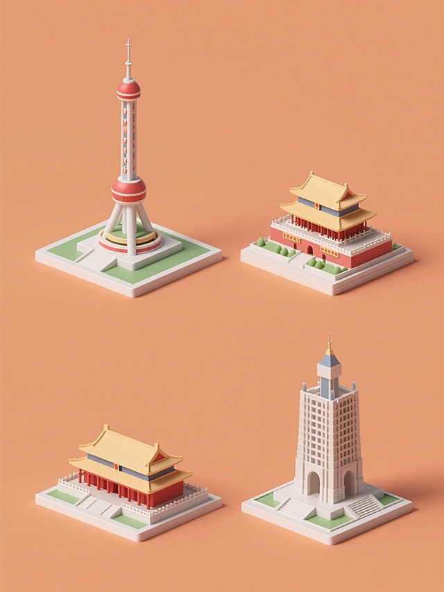 软3D微缩艺术风格，融合中式建筑元素与几何造型，呈现卡通感体积感，展现城市地标新意趣。