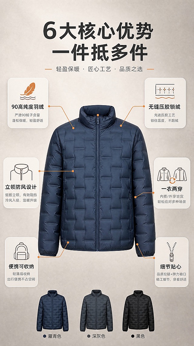 [商品] 使用【图1】藏青色、【图2】深灰色、【图3】黑色立领轻薄羽绒服；商品处理：保留立领、方格压胶结构、主拉链、拉链侧袋、弹力收口袖口、各款颜色和轻薄面料；自然去除衣身杂乱褶皱，理顺版型，增强面料纹理、压胶格纹、拉链和五金质感，不改变版型和结构。
[画面] 目标：核心卖点总览页，6大核心卖点图标化呈现。构图：中间藏青色羽绒服正面全貌居中，占画面45%；周围环绕6个圆角信息卡，分别对应6大卖点，用细线引线连接到产品对应部位。阅读动线从中心向四周扩散，背景为暖灰渐变+细腻纹理。
[视觉] 套系策略：风格=国内电商高级商务保暖服饰商业摄影；标题字=现代无衬线粗黑体；正文字=简洁无衬线体；主色=深藏青+暖驼色；背景延展=基于深藏青做深浅层级、暖灰渐变和细腻哑光质感；强调色=暖橙色，仅用于小面积图标、引线和标签；标题色=深炭灰；正文色=中暖灰；组件=圆角浅底信息卡、细线引线、图标点缀；光影=左前侧暖柔光，营造温暖高级感。
[文字] 顶部主标题"6大核心优势 一件抵多件"，6个卖点卡片文字："90高纯度羽绒"、"无缝压胶锁绒"、"立领防风设计"、"一衣两穿"、"便携可收纳"、"细节贴心"，每个配小图标，文字横向排版，清晰可读。
[规格] 图片比例9:16竖版，4K，避免变形、错字、文字过小、冷蓝背景、衣服颜色改变、版型失真、极限词。