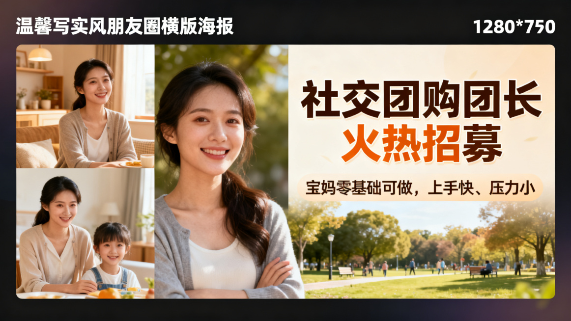 社交团购团长火热招募，宝妈零基础可做，上手快、压力小，朋友圈横版海报1280*720，左右排版，文字放右侧且占比更大，温馨写实风，不同背景不同单个人物宝妈，不安排多人物，无二维码无电话无多余文字，仅保预览效果