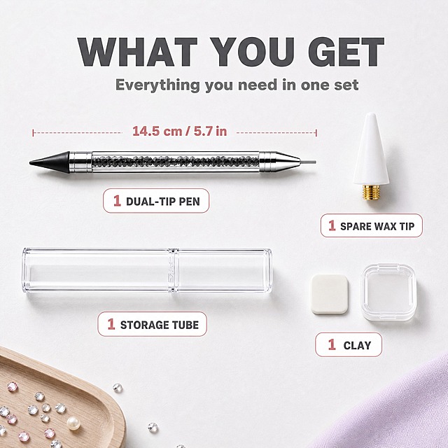 [主图-5] Dual-Tip Rhinestone Picker Pen 5.7 in / 14.5 cm — Wax & Metal Dotting Tool with Storage Tube for Nail Art Crafts and Diamond Painting 套装清单与尺寸图。唯一任务：用平铺陈列说明到手内容并标注笔身长度，作为下单前核对信息；本图不重复双头功能、做工微距与使用过程。
[统一基调] 明亮通透的轻奢手工电商信息图；浅灰白到淡紫白的柔和渐变底、浅灰手作台面与浅木色小托为环境色；主标题深靖灰，辅助文案中灰，强调色玫瑰金粉；全套只用一种几何无衬线粗体字，标题最粗最大、辅助文案缩小五成以上且只变字号层级不换字体；组件统一为 12px 圆角白卡配 1px 浅灰描边与 2px 线性图标；光影统一左上方明亮柔光、产品下方自然接触阴影。
[画面] 浅灰白底，浅灰手作台面上四件物品按平铺陈列方式整齐排列并各配一个短标签：左上横放点钻笔，标签 "1 DUAL-TIP PEN"；其下横放透明收纳管，标签 "1 STORAGE TUBE"；右上摆放白色锥形备用蜡头、露出金色螺纹底座，标签 "1 SPARE WAX TIP"；右下摆放一小份浅色点钻胶泥与一个小胶泥盒，标签 "1 CLAY"；沿点钻笔上方用细横向虚线标尺标注 "14.5 cm / 5.7 in"，标尺两端与笔的真实端点对齐且不压产品；四件物品之间保持等距、互不遮挡；主标题 "WHAT YOU GET" 放在画面上方留白区，下方一行中灰辅助文案 "Everything you need in one set"。
[光影质感] 左上柔和主光，四件物品在台面都有自然接触阴影，透明笔身与收纳管呈清透玻璃质感，金属螺纹与胶泥盒有可见细节。
[配色] 浅灰白底；深靖灰标题、中灰说明文字；玫瑰金粉只作标签描边与数量强调色。
[文字版式] 沿用统一几何无衬线粗体；主标题最粗最大，数量与尺寸数字加粗、说明文字缩小五成以上；全部横排、不压产品。
[输出要求] 比例 1:1（2048×2048）；负向：虚构赠品或数量、标尺与产品错位、文字压住产品、产品变形、中文文字、错字、模糊、水印、平台 Logo。