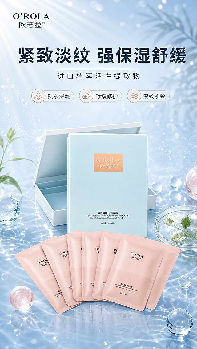 [商品] 使用【图1】欧若拉赋活密集沁润面膜，浅蓝色外盒+6片浅粉色面膜袋排列展示；保留O'ROLA欧若拉Logo、产品名称文字、包装颜色、材质质感和盒型结构；产品自然摆放，角度与原图接近，清晰展示外盒与面膜袋全貌。
[画面] 页面目标：美感头图，打出核心利益"紧致淡纹 强保湿舒缓"。产品居中偏下，占画面约55%，上方留白放标题；背景为清透浅蓝色水波纹+透明水滴+柔和光斑，前景漂浮水滴与水光粒子，中景产品，远景朦胧水光与植萃叶片剪影；≥3层道具层次，营造高级水光植萃氛围。
[视觉] 套系策略：风格=高级水光植萃商业摄影风；标题字=现代简约粗黑体；正文字=纤细优雅无衬线体；主色=清透浅蓝+柔粉；背景延展=基于浅蓝做水波纹、渐变、透明水滴和光斑层次，粉色点缀产品与卡片；强调色=浅金色，仅用于小面积图标、引线、标签和装饰线条；标题色=深藏青；正文色=中灰蓝；组件=圆角半透明信息卡、细线引线、圆形成分图标；光影=左前侧柔和自然光，产品底部有水面倒影，整体通透明亮。
[文字] 顶部主标题「紧致淡纹 强保湿舒缓」，副标题「进口植萃活性提取物」；下方配3个胶囊形利益icon：锁水保湿、舒缓修护、淡纹紧致；文字全部横向排版，不遮挡产品主体和Logo，字号保证手机端清晰可读。
[规格] 图片比例9:16竖版，4K分辨率，负向提示：避免变形、错字、文字过小、模糊、产品颜色改变、包装文字错乱、白底极简、医疗功效承诺、极限词。