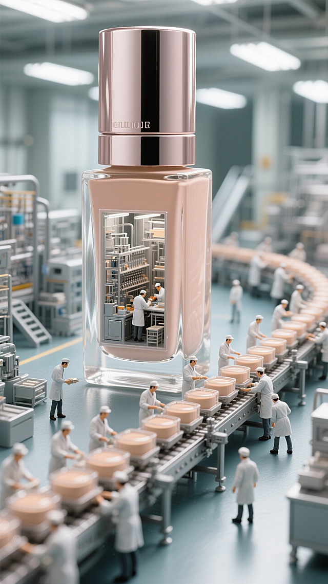 一瓶巨大的粉底液，内部有一个微型工厂，工厂生产线正在生产粉底液，工人们正在忙碌，生产线延伸出来，源源不断的粉底液运出；高端整洁
