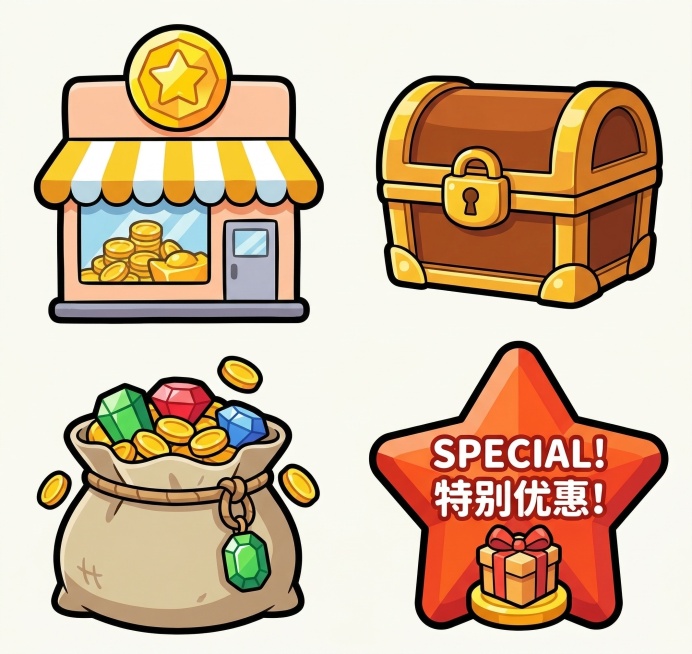 4个画风相同的金币商城图标，厚描边卡通游戏道具、手绘质感游戏图标、卡通质感游戏道具，粗黑轮廓描边，平涂、高饱和度配色、圆润造型、可爱卡通风格，统一可爱扁平画风预览效果