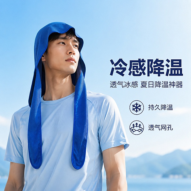 [主图-1] 冷感头戴式毛巾核心卖点首图，展示产品户外降温功能。
[氛围风格] 夏季户外清新风格，专业运动氛围感。
[画质] 商业摄影质感，光线柔和通透，产品清晰真实，画面干净高级。
[元素] 年轻亚洲男模特，身着速干运动衣，佩戴蓝色冷感头戴式毛巾站在浅蓝渐变户外背景中，产品位于画面中央偏左，右侧留出负空间放置文案。保持产品外观、物理结构、材质质感、颜色与输入产品图绝对一致，杜绝任何变形和色差，精细化处理。商品主体占比严格控制在70%左右。
[光影] 柔和侧自然光，主光清晰勾勒产品轮廓，辅光填充暗部，高光点缀网纱材质，整体通透清爽。
[配色] 主色调浅蓝色背景，突出蓝色产品，文字使用深蓝色和白色对比。
[视角构图] 平视视角，产品主体完整，浅景深突出主体。
[文字版式] 右侧负空间从上到下左对齐，大字主标题“冷感降温”，深蓝色粗体无衬线；副标题“透气冰感 夏日降温神器”，字号缩小一半；下方两个图标卖点：“持久降温”“透气网孔”，图标与文字左侧对齐，无背景色块，文字清晰不遮挡产品。
[比例分辨率] 1:1 比例，2048*2048分辨率，文字清晰可辨，超高清。
[负向提示词] 变形，文字错乱，产品图模糊，背景杂乱，水印，电商平台Logo，绝对化违禁词。