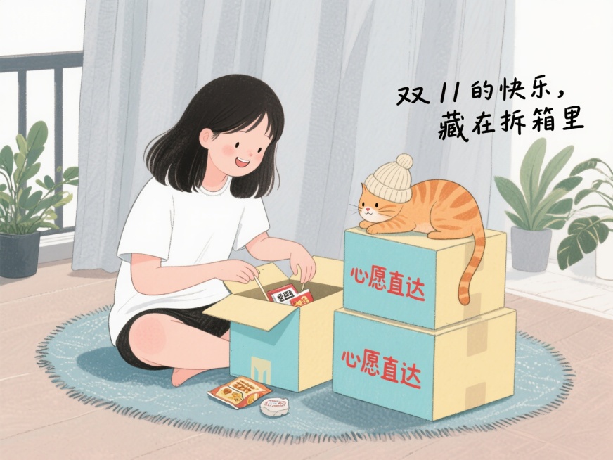 日系清新插画风格，女生盘腿坐在地毯上，面带微笑拆快递，身边堆着3个浅蓝和鹅黄配色的快递盒，盒子上印着“心愿直达”字样，非传统红色，拆开的快递露出猫咪零食和软糯针织帽，一只橘猫趴在快递盒上探头张望，背景预览效果