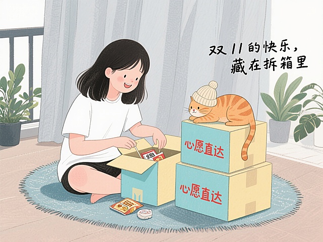 日系清新插画风格，女生盘腿坐在地毯上，面带微笑拆快递，身边堆着3个浅蓝和鹅黄配色的快递盒，盒子上印着“心愿直达”字样，非传统红色，拆开的快递露出猫咪零食和软糯针织帽，一只橘猫趴在快递盒上探头张望，背景是浅灰色窗帘和阳台绿植，画面右侧有手写体文字“双 11 的快乐，藏在拆箱里”，人物线条简洁，物体质感清晰，快递盒有自然褶皱