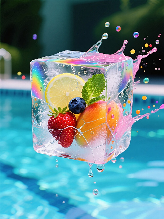3D风虚拟自然，清新水果冰块，液态玻璃效果，色彩斑斓，夏日清爽感。