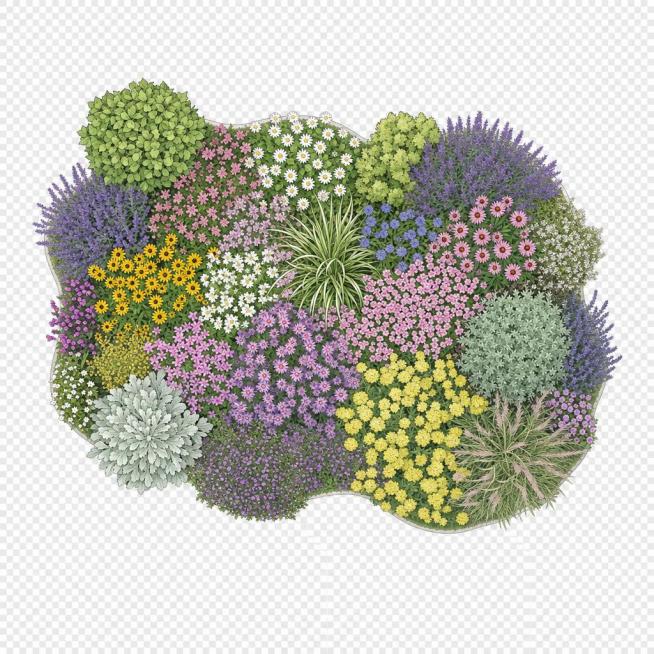 花镜俯视图，用于彩平图铺贴，透明背景，平面景观设计风格，俯视视角预览效果