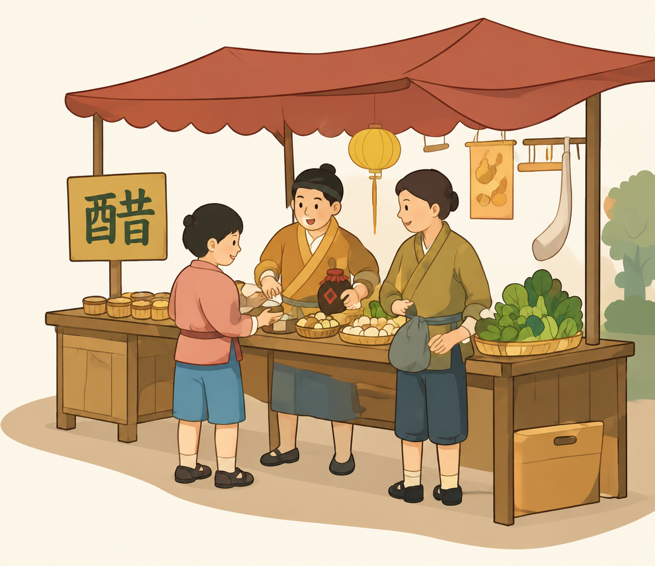 重绘这张古代市集摊位插画，保持画面内容、构图、色彩完全不变，整… - 图片创意预览