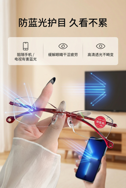 2:3 竖版电商详情图，严格还原上传的产品图，包括包装设计、颜色、LOGO 位置、文字内容、图案元素等所有细节；产品外观必须与参考图完全一致，保持无框镜片的通透质感。画面主体为眼镜镜片阻隔蓝光的可视化预览效果
