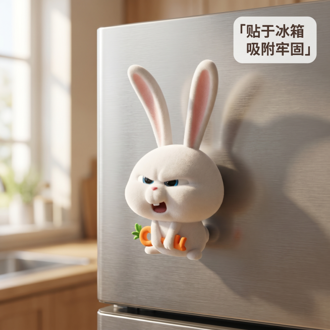 [主图 2] 兔老大植绒冰箱贴贴在冰箱上的使用展示图。[氛围风格] 真实居家场景，自然温馨。[画质] 商业摄影质感，光线柔和通透，产品清晰真实，画面干净高级。[元素] 尺寸10*5cm的兔老大植绒冰箱预览效果