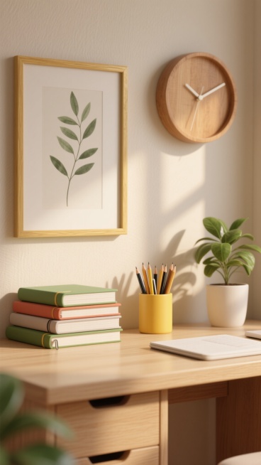 3D渲染风格的书桌场景，温暖柔和的自然光从侧面照射，浅米色墙面，木质纹理的浅色书桌，桌面上堆叠着几本不同颜色的笔记本，旁边是装满铅笔和钢笔的黄色笔筒，桌角有一盆绿色植物增添生机，墙上挂着带有金色边框的植物线条装饰画和圆形木质挂钟，整体营造出宁静、整洁、舒适的居家办公或学习氛围，光影过渡自然柔和，物体边缘清晰，材质质感真实，色调以原木色、米色和绿色为主，和谐统一。预览效果