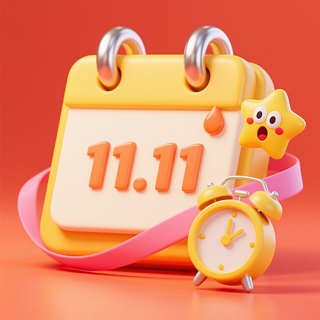 3D立体风格的日历图标，主体为黄色日历，顶部有两个带金属光泽的银色活页环，日历页面为米白色，右下角有一个橙色的水滴状装饰。日历旁边有一个黄色的星星眼惊讶表情符号，表情符号有红色的脸颊和张开的嘴巴。日历下方有粉红色的飘逸丝带，整体画面呈现出圆润的几何造型和光滑的渐变质感，具有明亮的高光和柔和的阴影。橙红色背景，在日历前方有一个黄色的闹钟，闹钟表面以大号醒目字体显示“11.11”，闹钟造型与整体3D风格统一，保持画面的活泼、卡通氛围和设计感