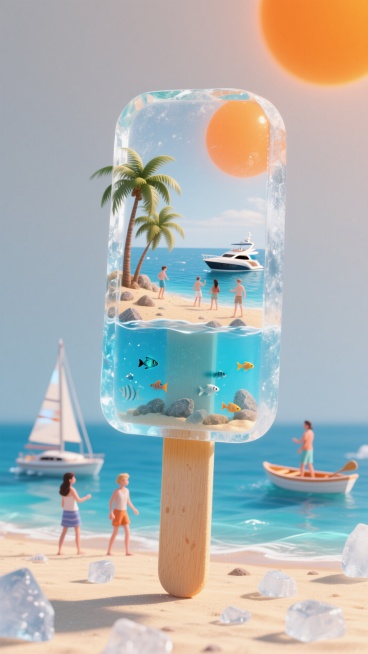 超现实创意，透明冰棍封存迷你海滨度假世界，水晶质感冰体、蓝色分层海水（含沙石小鱼），沙滩配棕榈树、人物互动，游艇/帆船/小船，零散小冰块+背景暖橙太阳，超写实精细材质（冰/木/海水），极简浅背景，突出预览效果