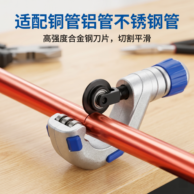 [产品] CT-532B轴承式割刀刀片，展示割管器安装刀片后切割铜管的实际使用场景
[氛围风格] 真实五金工具安装切割场景，清晰专业
[画质] 商业摄影质感，高清清晰，产品细节锐利，画面干净通透
[元预览效果