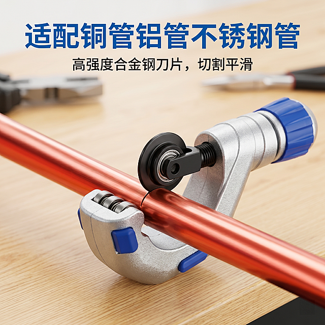 [产品] CT-532B轴承式割刀刀片，展示割管器安装刀片后切割铜管的实际使用场景
[氛围风格] 真实五金工具安装切割场景，清晰专业
[画质] 商业摄影质感，高清清晰，产品细节锐利，画面干净通透
[元素] 本款黑色轴承刀片已经安装在银蓝色切管器上，正在切割一根紫铜管，特写展示刀片接触管材的切割位置，保持刀片外观（物理结构、材质质感、颜色）与输入产品图绝对一致，杜绝任何变形和色差，精细化处理。背景为整洁的五金维修工作台，只保留工具和管材，背景做虚化处理突出刀片主体。
[光影] 侧面主光突出刀片和管材切割轮廓，金属反光清晰，阴影柔和，整体画面明亮不灰暗
[配色] 紫铜红色、工具银蓝色、刀片黑色，工作台浅木色，自然真实配色，产品主体突出
[视角构图] 中景特写，对焦在刀片切割位置，浅景深突出主体，1:1满屏无边框
[文字版式] 顶部蓝色加粗大字"适配铜管铝管不锈钢管"，白色字，不遮挡切割主体位置
[比例分辨率] 1:1比例，2k分辨率，文字清晰可辨，超高清
[负向提示词] 变形，水印，文字错乱，产品模糊，背景杂乱，遮挡主体