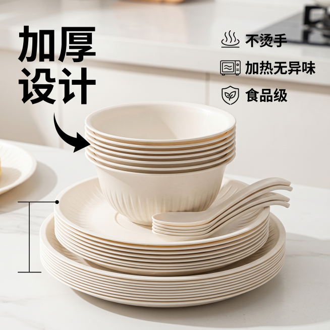 [主图 2]一次性餐具核心卖点展示图，风格延续首图的拼多多直白爆款风，明亮干净的餐厨氛围，商业摄影质感，清晰通透。将产品成套堆叠摆放，突出加厚量足的卖点。保持碗碟米白色产品外观和材质与输入产品图一致，预览效果
