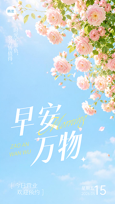 早安问候日签营业公告清新自然风竖版海报