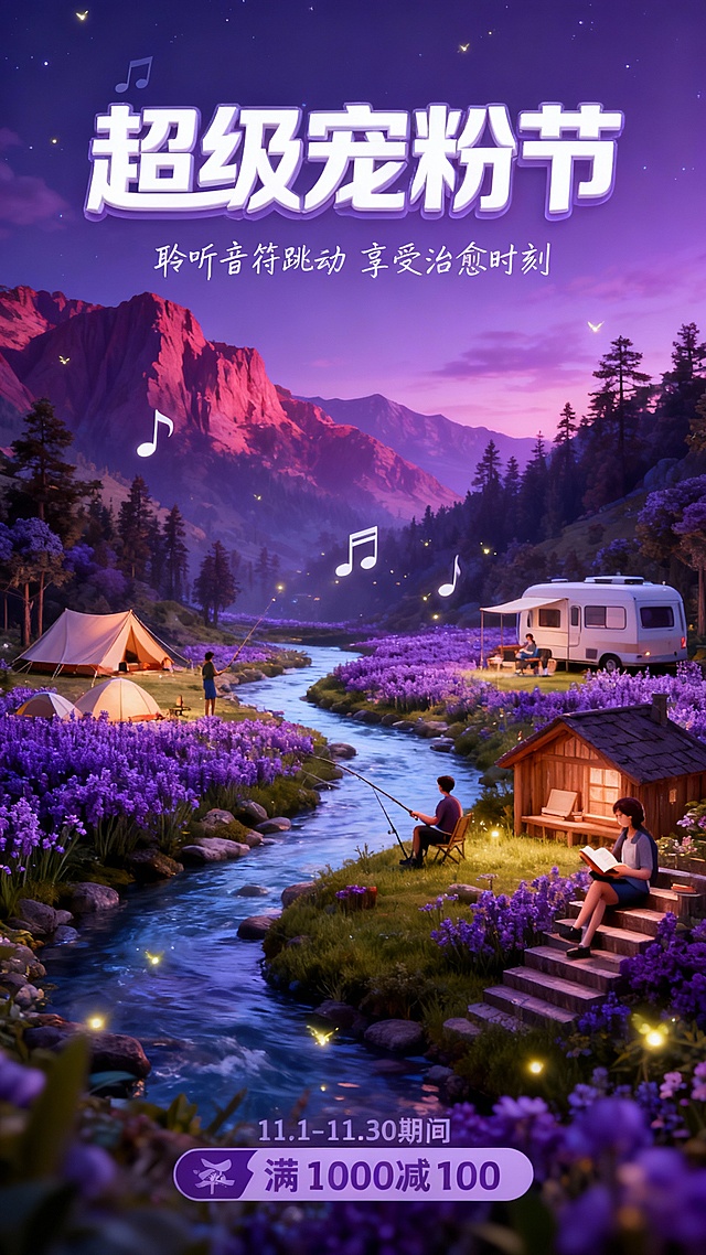 一个巨大的图中主体漂浮在紫色花海与溪流环绕的奇幻山谷中，周围有露营帐篷、房车、小木屋和人物在休闲娱乐，有人在钓鱼、阅读、坐在阶梯上听音乐，空中飘着音符和萤火虫，背景是紫红色山脉与森林，夜空下静谧而浪漫，画面充满童话感与未来科技感，色彩梦幻，上方有白色主标题3D文字“超级宠粉节”，主标题下为手写白色副标题文字“聆听音符跳动 享受治愈时刻”，底部有折扣标签“11.1-11.30期间 满1000减100”，风格为超现实插画，3D渲染，细腻光影，治愈系氛围。