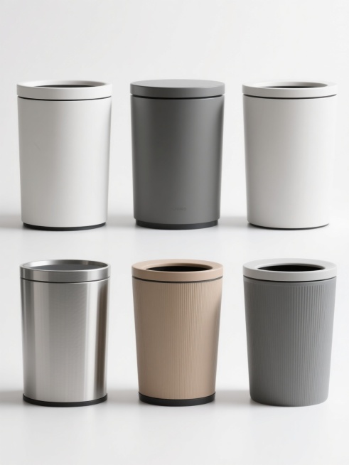六个不同款式、不同样式、不同配色的垃圾桶，白色背景，排列整齐，每个垃圾桶都具有现代简约的设计感，表面光滑，带有不同的纹理细节和色彩搭配，整体呈现出干净整洁的视觉效果，光照均匀，阴影柔和，突出垃圾桶的立体感和材质质感。预览效果