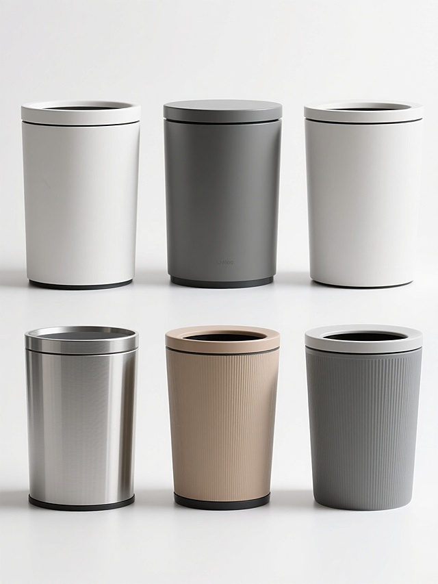 六个不同款式、不同样式、不同配色的垃圾桶，白色背景，排列整齐，每个垃圾桶都具有现代简约的设计感，表面光滑，带有不同的纹理细节和色彩搭配，整体呈现出干净整洁的视觉效果，光照均匀，阴影柔和，突出垃圾桶的立体感和材质质感。