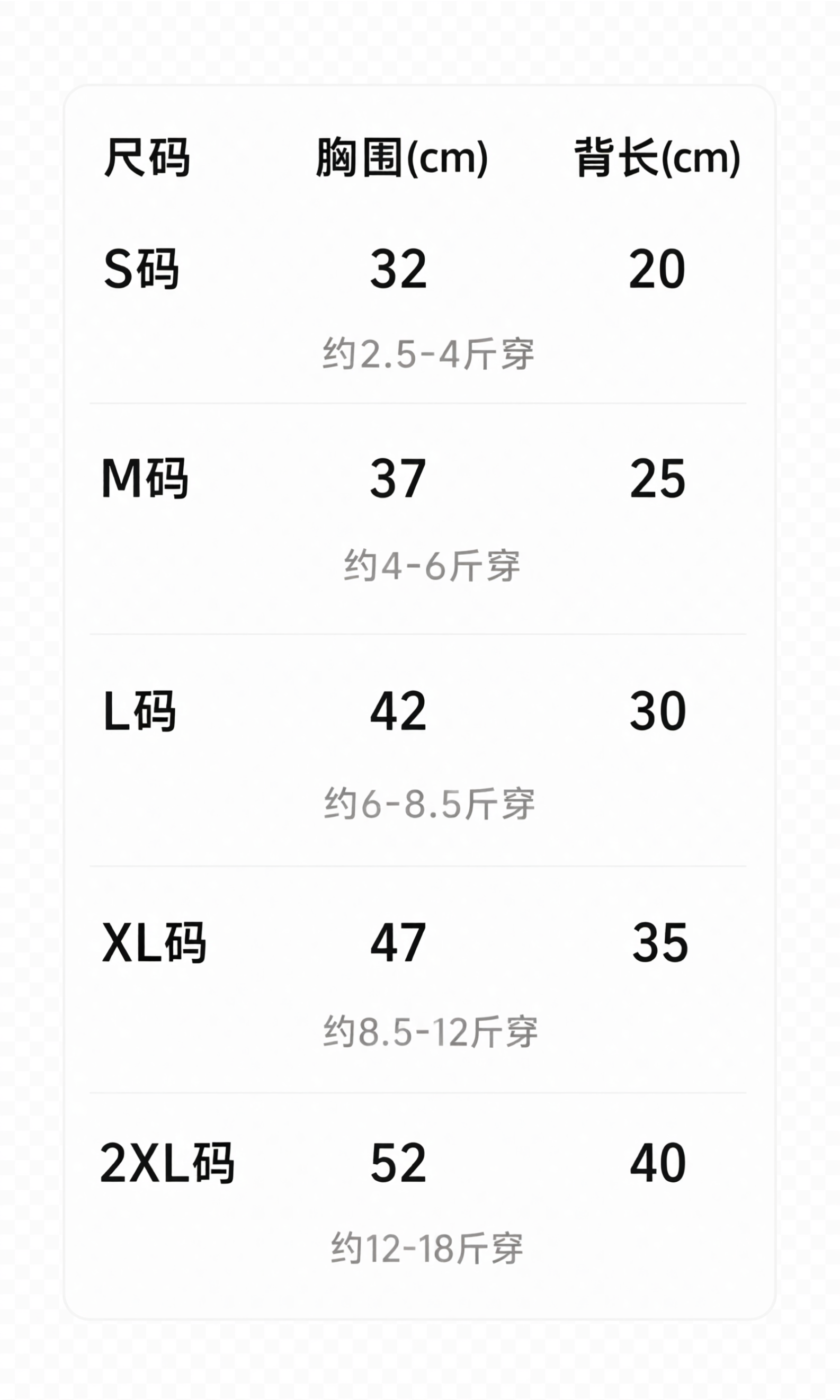 完全复刻参考图中的宠物衣服尺码表样式，保持一模一样的字体、排版… - 图片创意预览