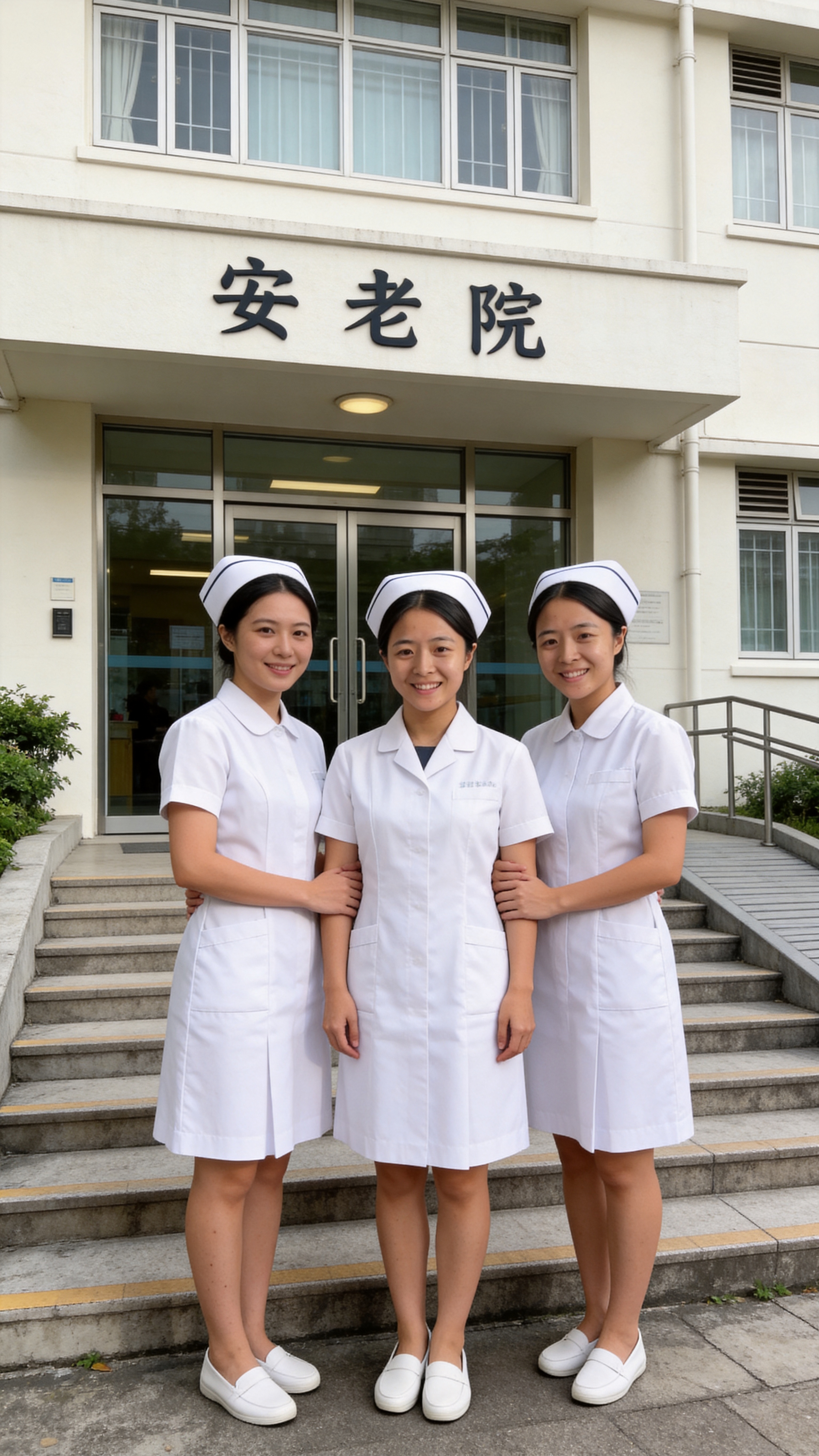 生成三位香港女护士在安老院门口合影的真实照片，中间女孩的五官、… - 图片创意预览
