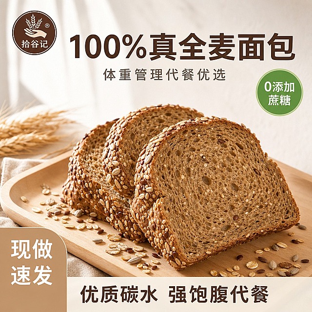 [主图-1] 首图流量主图，展示多谷物真全麦吐司面包，传递食欲感与新鲜度，吸引点击。
[统一基调] 简约ins自然光风格，低饱和度，真实美食摄影质感，色调柔和干净；整体配色以浅米色、浅木色、暖白色为主，文字用深棕色与橄榄绿色；字体为简洁无衬线黑体，排版克制留白充足，摒弃粗黑大字海报风；左上角放置拾谷记圆形印章Logo（深棕色圆形，内含麦穗手掌图案与拾谷记字样），Logo不改变主体形态。
[画面] 浅米色实木托盘上堆叠摆放3-4片全麦吐司切片面包，面包表面布满混合谷物籽（葵花籽、燕麦、亚麻籽等），面包切面可见细密气孔与谷物颗粒；托盘上散落少量谷物籽增加自然感；背景为浅淡干净的米白色墙面，柔和的窗边自然光从左侧洒入，在面包表面形成温润的高光与柔和阴影；产品主体占画面约65%，位于画面中下部，上方留出文案空间；整体画面干净通透，突出面包实物质感。
[光影质感] 真实美食摄影质感，柔和侧逆光，面包表面谷物籽有清晰的光泽与立体感，面包组织呈现自然的麦棕色，阴影柔和不生硬，整体暖调自然光氛围。
[配色] 背景浅米白，托盘浅木色，面包麦棕色带谷物籽深浅变化；标题文字深棕色，副标题浅棕灰色，标签橄榄绿色配白字，底部通栏浅米色底配深棕色字。
[文字版式] 顶部居中大标题「100%真全麦面包」，字体简洁粗黑体，深棕色，字号适中不夸张；其下副标题「体重管理代餐优选」，字号缩小约50%，浅棕灰色；右上角小圆形橄榄绿标签，内白字「0添加蔗糖」；左下角圆角浅棕色角标，内白字「现做速发」；底部通栏浅米色半透明条，内深棕色文字「优质碳水 强饱腹代餐」；所有文字排版克制，不遮挡面包主体，留白充足。
[输出要求] 正方形960×960px，淘宝电商主图比例；产品清晰真实，文字清晰可读；左上角必须有拾谷记圆形Logo；禁止浓烈深色背景，禁止夸张爆炸大字，禁止变形、错字、模糊、杂乱、水印、平台Logo；面包必须是带谷物籽的全麦吐司，不要做成白面包。