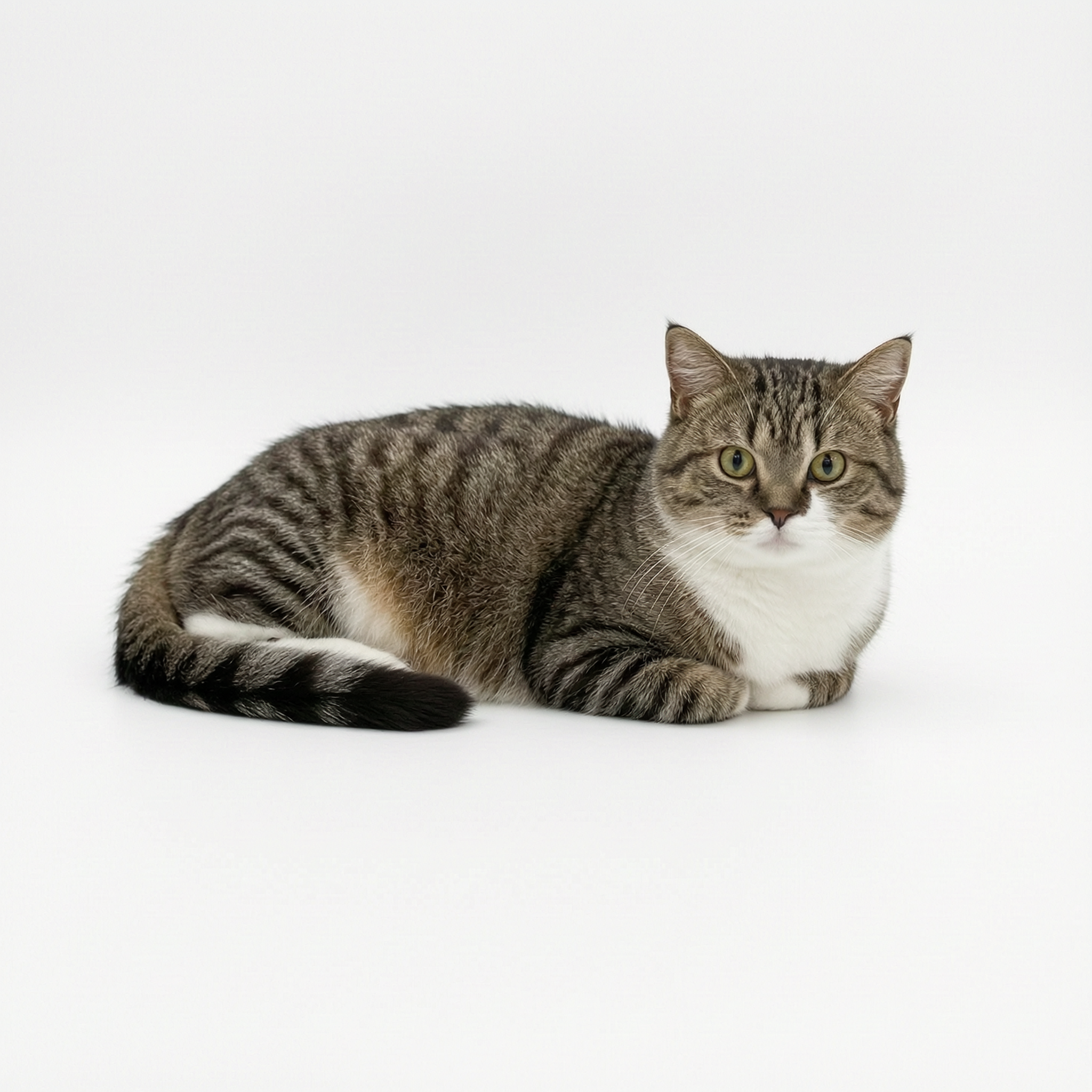 对图中的猫咪进行精修，保持猫咪的角度和姿态不变，背景替换为纯白… - 图片创意预览