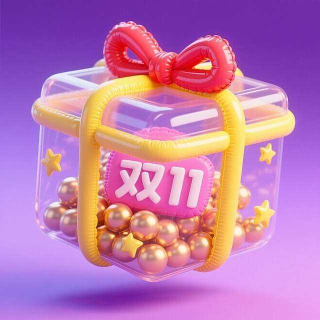 一个透明盒子（带有黄色装饰带、粉色和黄色星星装饰），盒子内装满金色圆球，还放置着带有 “双11” 字的，礼盒顶部有红色与黄色搭配的蝴蝶结状封口