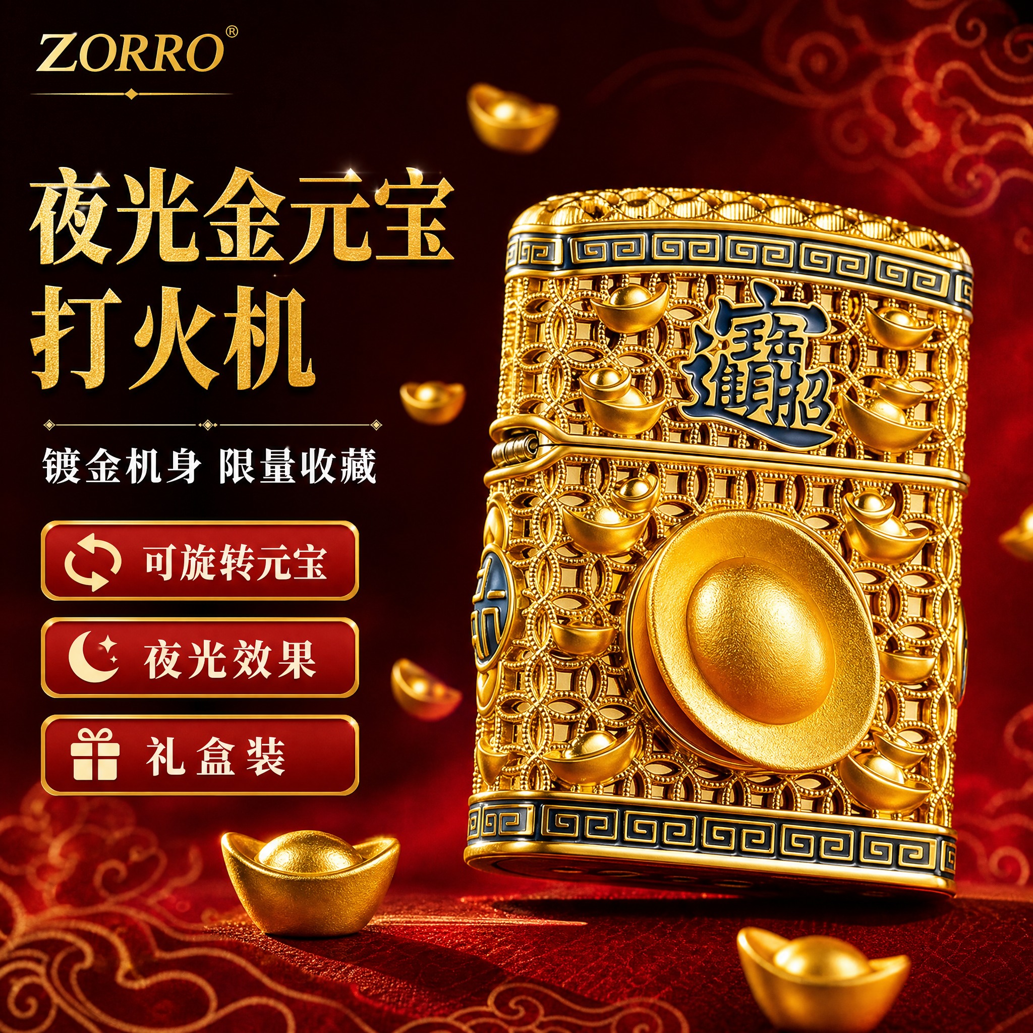 [主图-1] 首图点击率 夜光金元宝镀金打火机 国潮招财高端质… - 图片创意预览