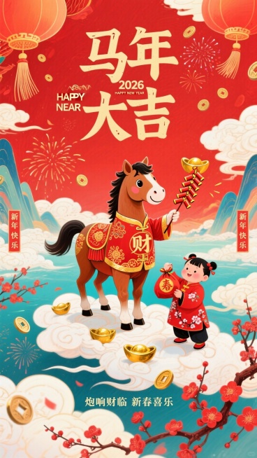 正红为底色，画面身着红金吉服的可爱拟人小马（衣饰绣 “财” 纹），小马一手持鞭炮串，另一手攥金元宝，脚站在祥云上；旁边是持福袋的孩童（红衣绣梅花），点缀挂穗灯笼、铜钱、红梅枝、烟花等吉祥元素；上方大字预览效果